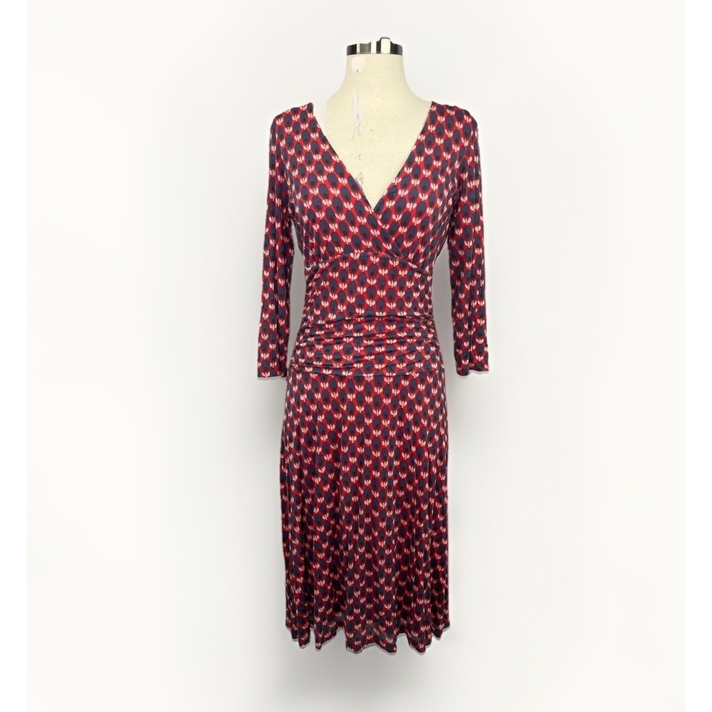 Boden Double Layer Jersey Dress Floral Red Blue V-Neck Preppy Party Sz 8R